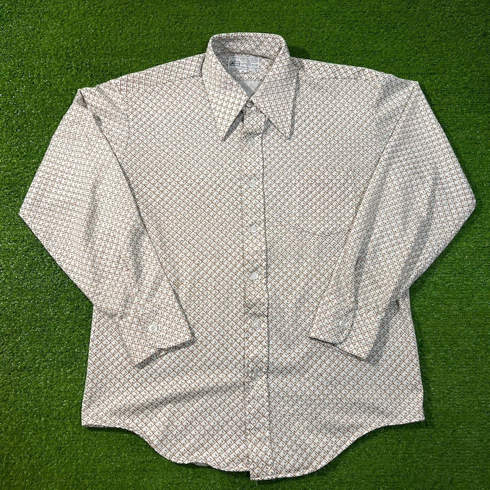 Vintage Button Down Disco Shirt LG White Geometric 1970s Dagger Collar Kmart
